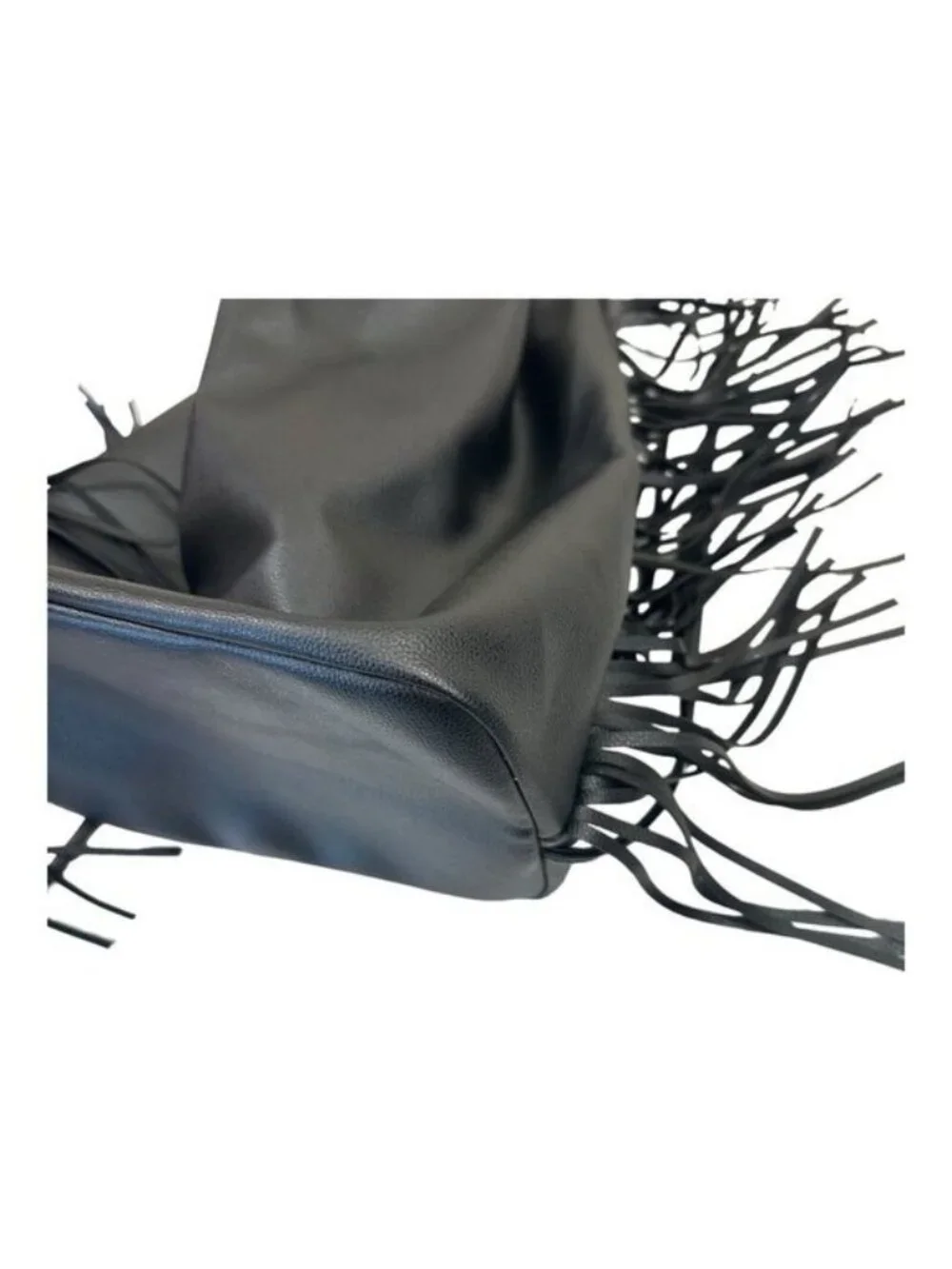 Victoria's Secret Backpack Solid Black Faux Suede Fringed Drawstring Bag Purse